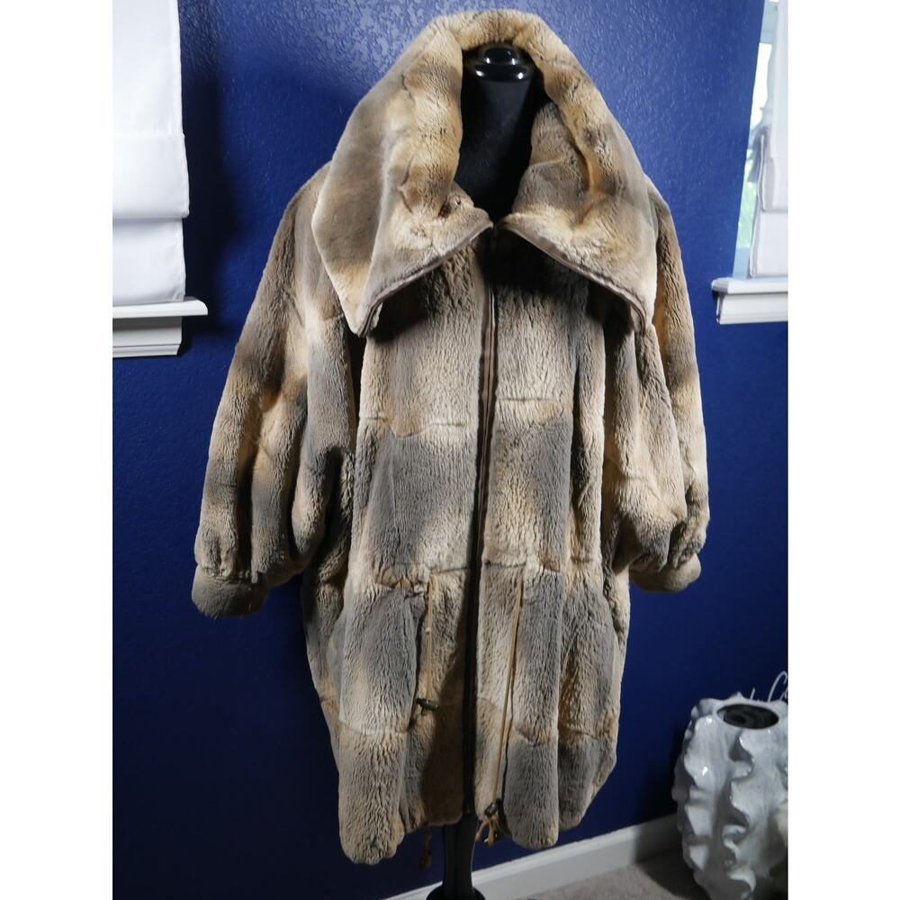 Private Label Two-Tone Plush Faux Fur Coat in Taupe and Beige